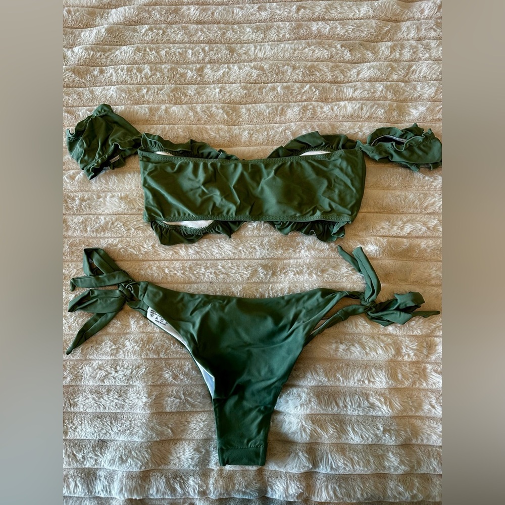 SHEIN New Sage Olive Green Ruffled Tie Bikini Set Off Shoulder - Picture 2 of 5
